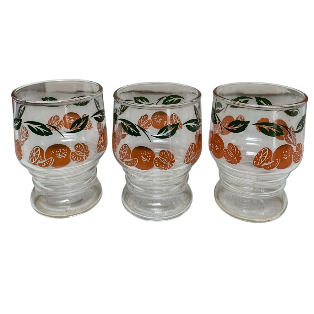 Vintage 70's Anchor Hocking 3 Juice Glasses Oranges Pattern 3.5 “